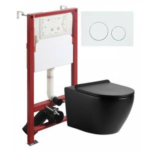 Унитаз с инсталляцией Agger ATI03144+APB188 безободковый, сиденье микролифт, черный, с белой кнопкой