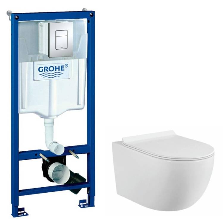 Комплект Grohe GRH772003480 Инсталляция для унитаза Grohe Rapid SL + Унитаз подвесной beWash Minimal безободковый, с сиденьем микролифт, белый глянец