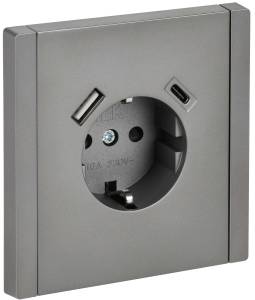 Розетка 1-местная с заземлением, шторками и USB Type A+С IEK Forte&Piano FP-R14-16-U22-018-K46 сталь