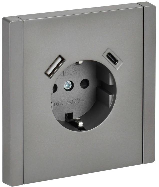 Розетка 1-местная с заземлением, шторками и USB Type A+С IEK Forte&Piano FP-R14-16-U22-018-K46 сталь