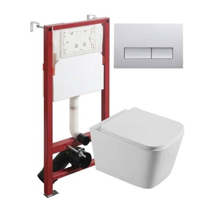 Унитаз с инсталляцией Agger ATI04100+APB200 безободковый, с крышкой-сиденьем микролифт, с кнопкой, кнопка хром