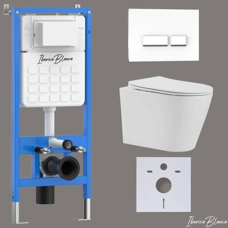 Унитаз с инсталляцией Iberica Blanca Burgos Alto IB001.BRA.234.2210 безободковый, с крышкой-сиденьем микролифт, с белой глянцевой кнопкой