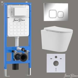 Унитаз с инсталляцией Iberica Blanca Burgos Alto IB001.BRA.234.833 безободковый, с крышкой-сиденьем микролифт, с кнопкой глянцевый хром