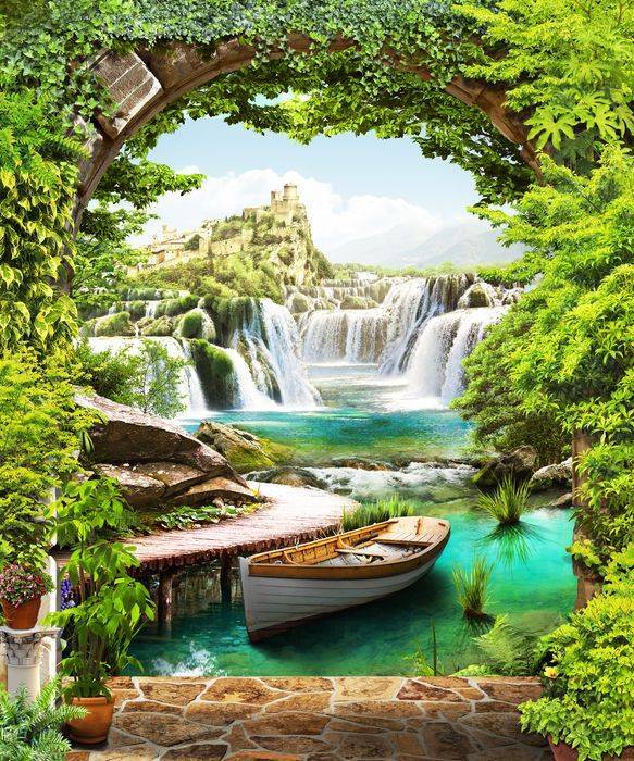 3D Фотообои Artegrafico «Лодочка в долине водопадов» FK182 песок