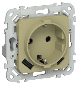 Розетка 1-местная с заземлением, шторками и USB Type A+С IEK Flite FI-R14-16-U22-020-K26 оливковый