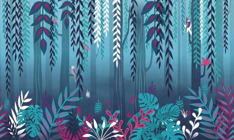 Бесшовные Eco обои Ortograf Serenity 34900 Попугаи на ветвях Шелк OE-H