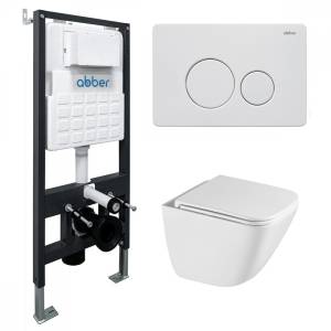 Унитаз с инсталляцией Abber Rechteck AC1220TC-AC0105-AC0121MW безободковый, сиденье микролифт, кнопка белая матовая