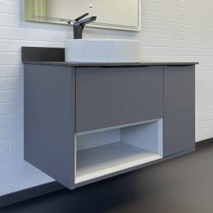 Тумба с раковиной Comforty Джанкой 90 00-00017878 подвесная, антрацит с черной столешницей