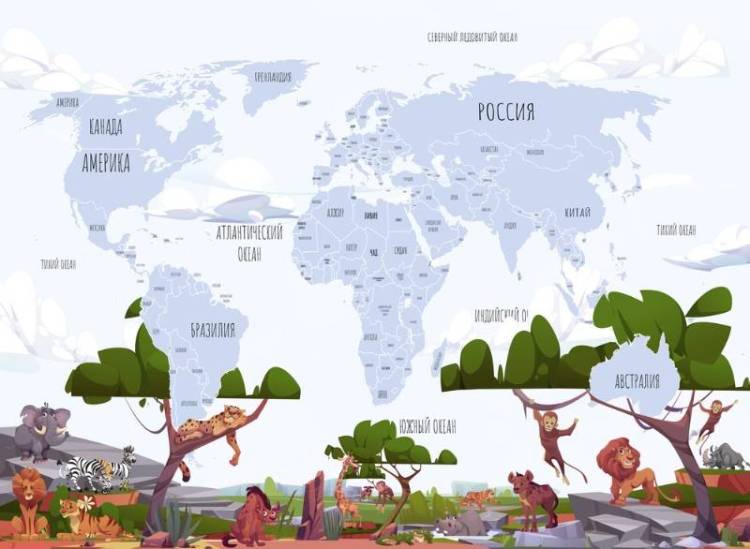 3D Фотообои Artegrafico «Голубая карта с животными саванны» CM-014 песок