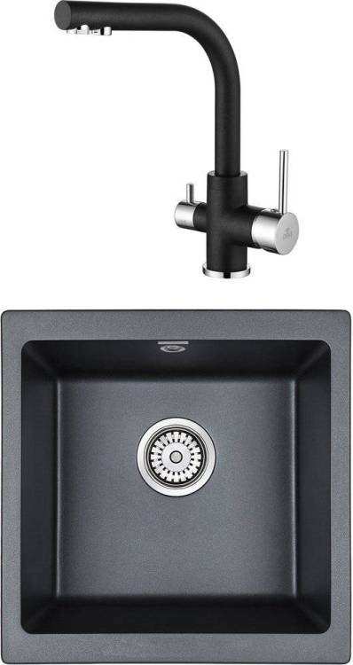 Комплект Paulmark Brilon PM104546-BLM черный металлик + Смеситель Paulmark Essen Es213011-418 для кухонной мойки, черный металлик