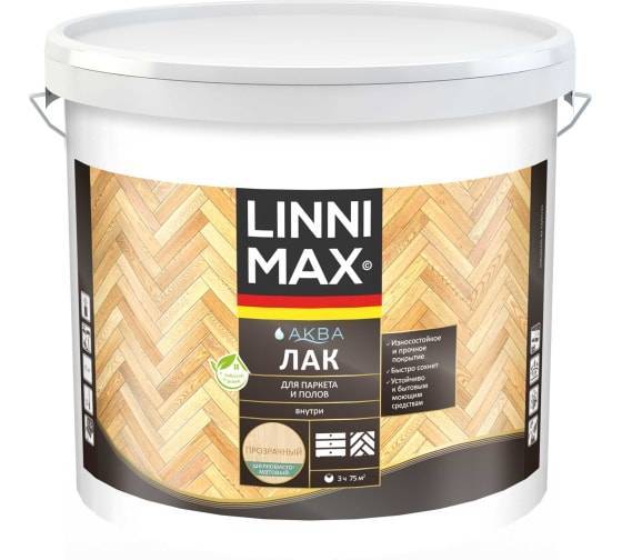 Лак акриловый для паркета и полов Linnimax Аква шелковисто-матовый прозрачный 9 л