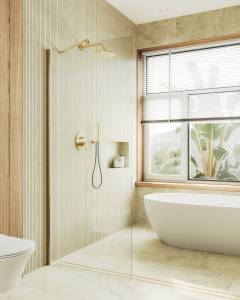 Душевая перегородка MaybahGlass MGD-695-3ш 79x195, стекло прозрачное 8 мм, профиль золото
