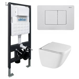 Унитаз с инсталляцией Abber Rechteck AC1220TC-AC0105-AC0120MW безободковый, сиденье микролифт, кнопка белая матовая