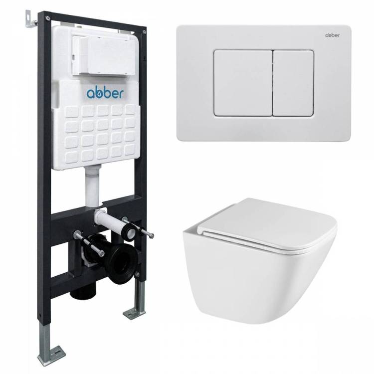 Унитаз с инсталляцией Abber Rechteck AC1220TC-AC0105-AC0120MW безободковый, сиденье микролифт, кнопка белая матовая