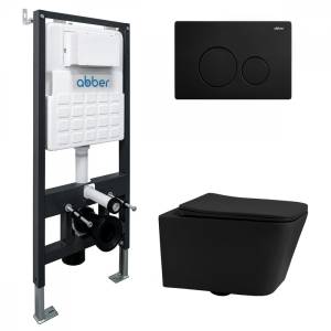 Комплект Abber Rechteck AC1201MB-AC0105-AC0121MB унитаз подвесной, безободковый, сиденье микролифт, черный матовый, кнопка черная матовая