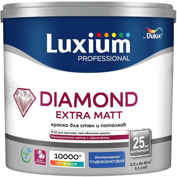 Краска для стен и потолков водно-дисперсионная Luxium Diamond Extra Matt глубокоматовая база BW 2.5 л
