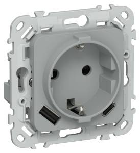 Розетка 1-местная с заземлением, шторками и USB Type A+С IEK Flite FI-R14-16-1-U22-020-K03 серый