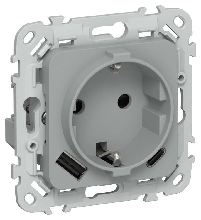 Розетка 1-местная с заземлением, шторками и USB Type A+С IEK Flite FI-R14-16-1-U22-020-K03 серый