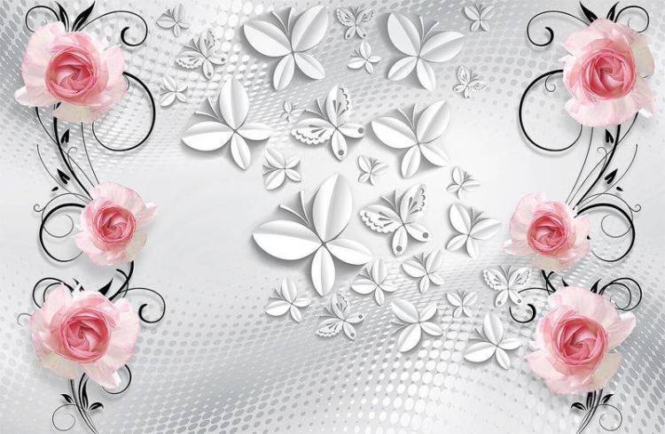 3D Фотообои Artegrafico «Лютиковые розы с бабочками» GM-104 канвас