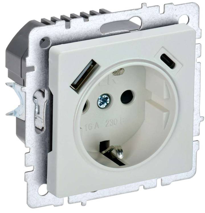 Розетка 1-местная с заземлением, шторками и USB Type A+С IEK Brite BR-R14-16-U22-018-K36 жемчуг