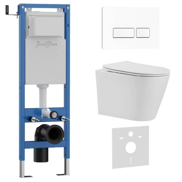 Унитаз с инсталляцией Iberica Blanca Burgos Alto IB.001M.BRA.234.211 безободковый, с крышкой-сиденьем микролифт, с белой глянцевой кнопкой