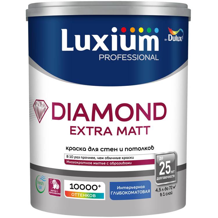 Краска для стен и потолков водно-дисперсионная Luxium Diamond Extra Matt глубокоматовая база BC 4.5 л