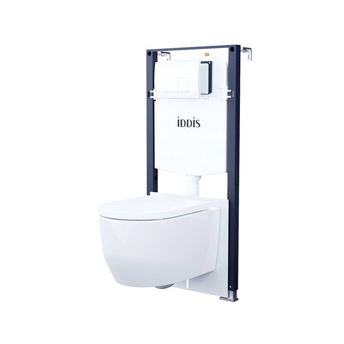 Унитаз с инсталляцией Iddis Basic BASAI03i73 безободковый, сиденье микролифт, белый глянцевый, клавиша смыва белая