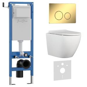 Унитаз с инсталляцией Iberica Blanca Bilbao Alto IB.001M.BLA.234.816 безободковый, с крышкой-сиденьем микролифт, с кнопкой глянцевое золото