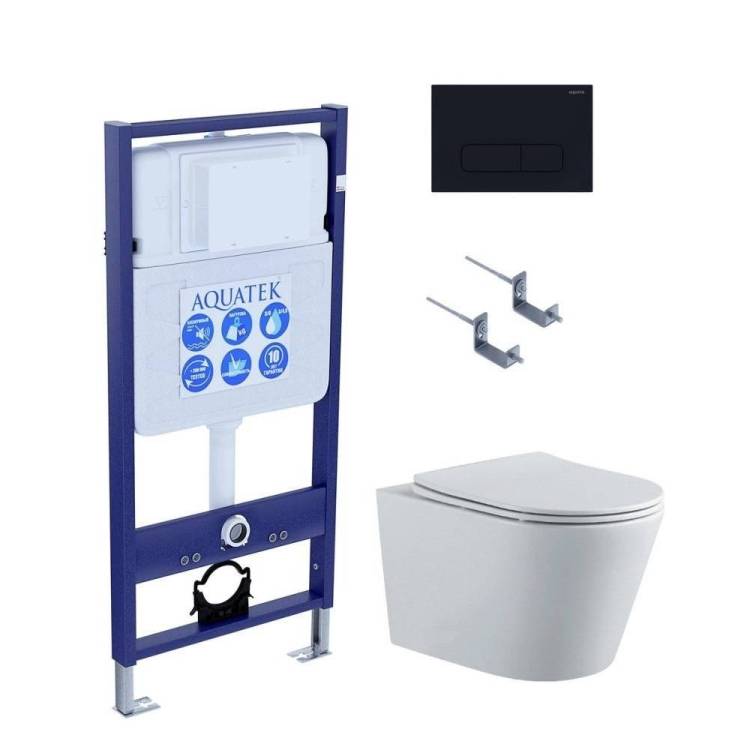 Унитаз с инсталляцией Aquatek Вега-1905-017 безободковый, с крышкой-сиденьем микролифт, с черной копкой