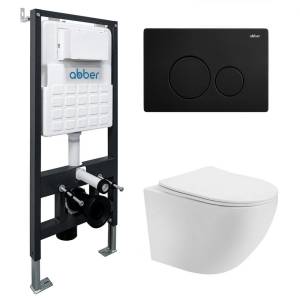 Комплект Abber Bequem AC1100T-AC0105-AC0121MB унитаз подвесной, безободковый, сиденье микролифт, белый, кнопка черная матовая