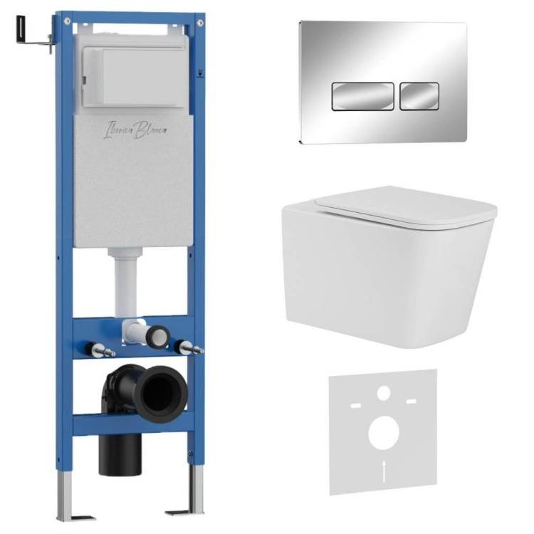 Унитаз с инсталляцией Iberica Blanca Toledo Alto IB.001M.TLA.234.213 безободковый, с крышкой-сиденьем микролифт, с кнопкой глянцевый хром