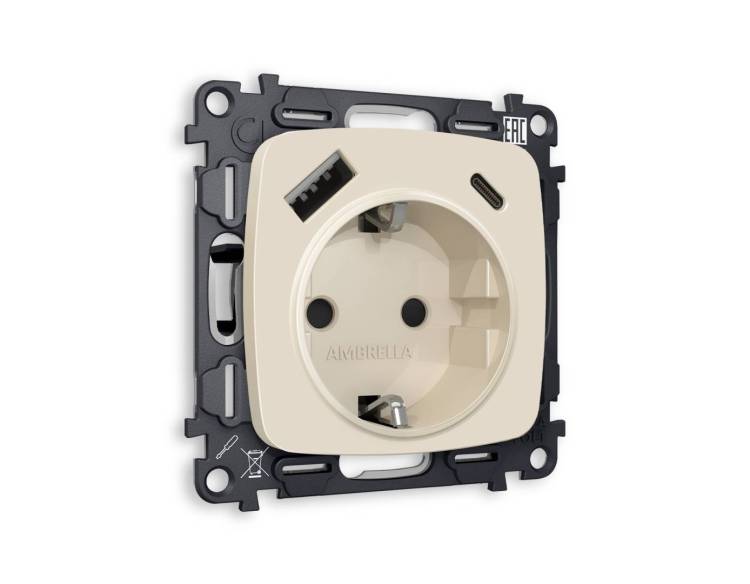 Комплект механизма электрической розетки 2USB A+C 20W (быстрая зарядка) с заземлением Ambrella Volt Omega MO330010