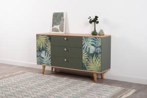 Комод Моби Маттиас 16.245 Дымчатый Зеленый K521, Гикори Рокфорд Натуральный KO86 PW, Белый PE шагрень