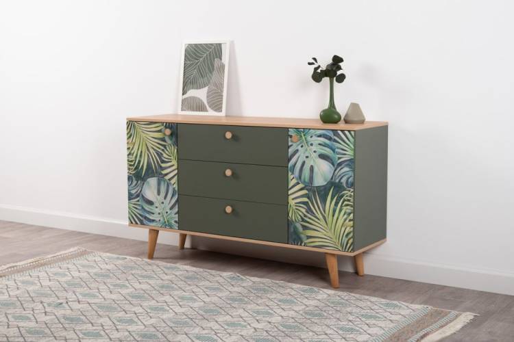 Комод Моби Маттиас 16.245 Дымчатый Зеленый K521, Гикори Рокфорд Натуральный KO86 PW, Белый PE шагрень