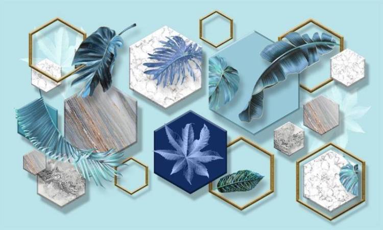 3D Фотообои Artegrafico «Листья на мраморных шестиугольниках» JG-002 канвас