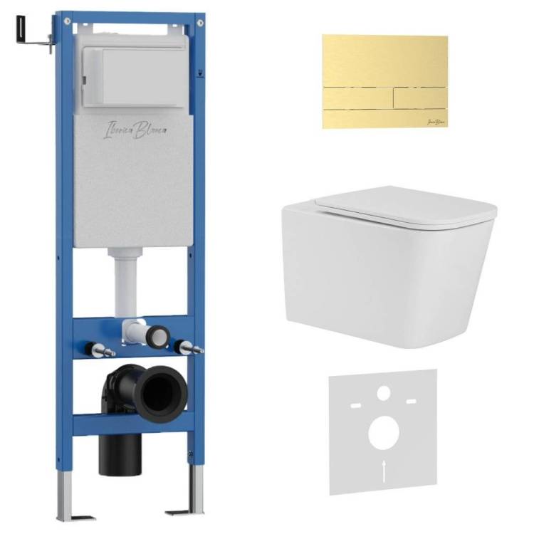 Комплект Iberica Blanca Toledo Alto IB.001M.TLA.234.1603 унитаз безободковый, белый, сиденье микролифт, клавиша смыва золото матовое