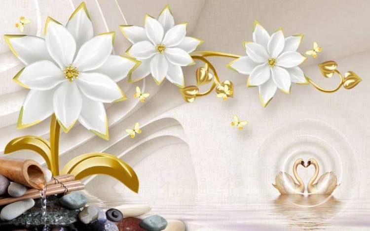 3D Фотообои Artegrafico «Композиция с лебедями и керамическими лотосами» RH-134 канвас