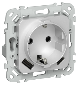 Розетка 1-местная с заземлением, шторками и USB Type A+С IEK Flite FI-R14-16-1-U22-020-K47 алюминий