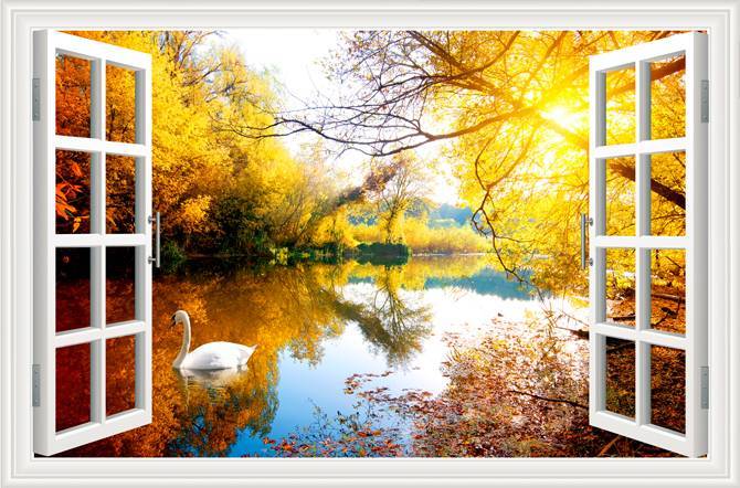 3D Фотообои Artegrafico «Вид из окна на озеро с лебедями» OK-009 акварель