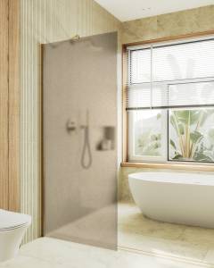 Душевая перегородка MaybahGlass MGD-697-3ш 79x195, стекло бронза матовая 8 мм, профиль золото