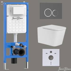 Унитаз с инсталляцией Iberica Blanca Toledo Alto IB001.TLA.234.827 безободковый, с крышкой-сиденьем микролифт, с серой матовой кнопкой