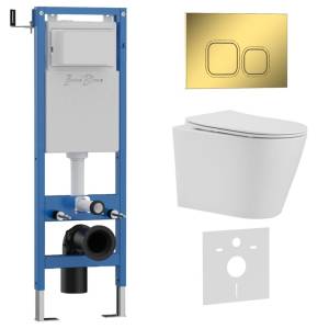 Комплект Iberica Blanca Burgos Alto IB.001M.BRA.234.836 унитаз безободковый, белый, сиденье микролифт, клавиша смыва золото глянцевое