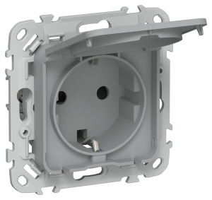 Розетка 1-местная с заземлением, шторками и крышкой IEK Flite FI-R16-16-1-44-K03 серый