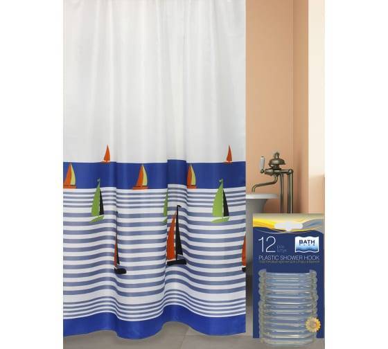 Штора для ванной Bath Plus Regatta akch17022 с кольцами, 180x200, белый, синий
