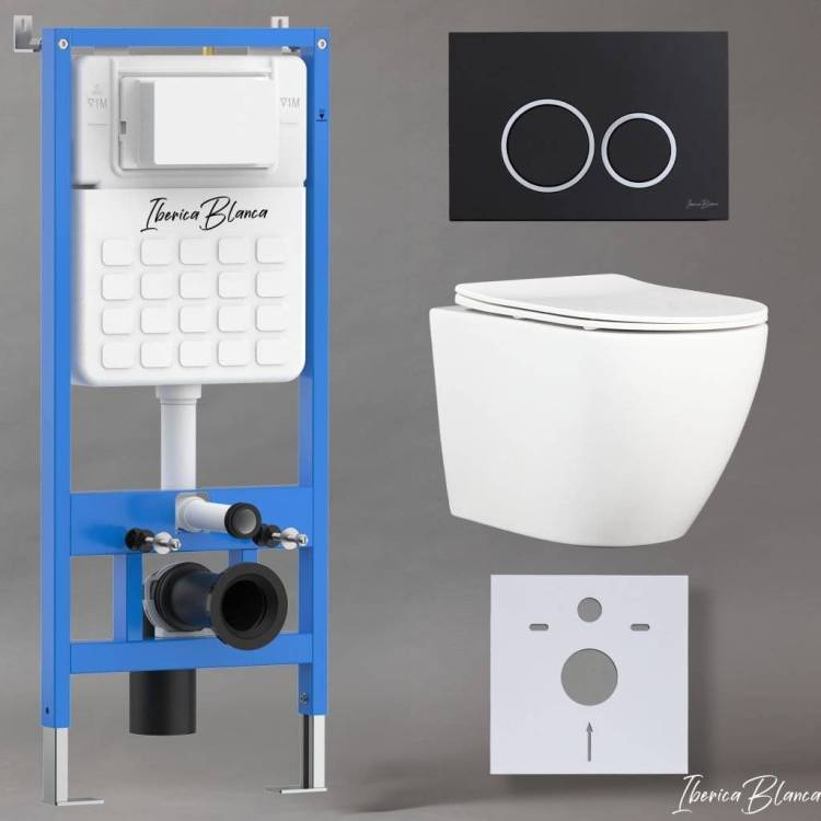 Комплект Iberica Blanca Bilbao Alto IB001.BLA.231.822 унитаз безободковый, белый, сиденье микролифт, клавиша смыва черный матовый