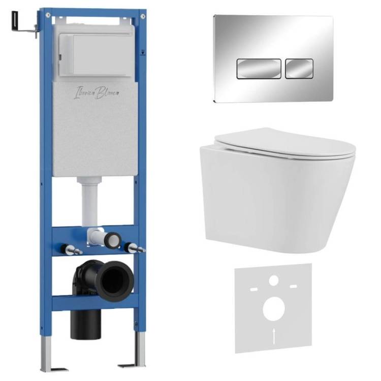 Комплект Iberica Blanca Burgos Alto IB.001M.BRA.234.213 унитаз безободковый, белый, сиденье микролифт, клавиша смыва хром глянцевый