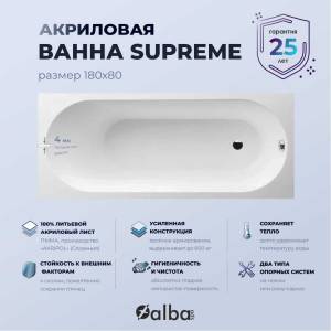 Акриловая ванна Alba Spa Supreme ВПР041000100 180х80, без ножек