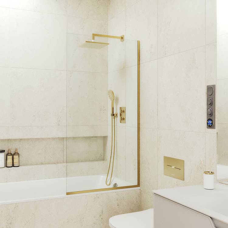 Шторка на ванну MaybahGlass MGV-59-3у стекло прозрачное, профиль золото, 1400x600