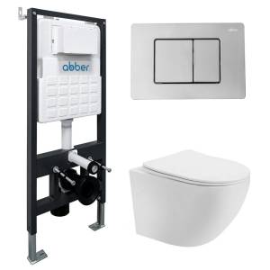 Комплект Abber Bequem AC1100T-AC0105-AC0120 унитаз подвесной, безободковый, сиденье микролифт, белый, кнопка хром