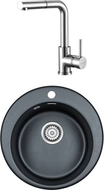 Комплект Paulmark Gelegen PM404800-BLM черный металлик + Смеситель Paulmark Kassel Ka214311-CR для кухонной мойки, хром